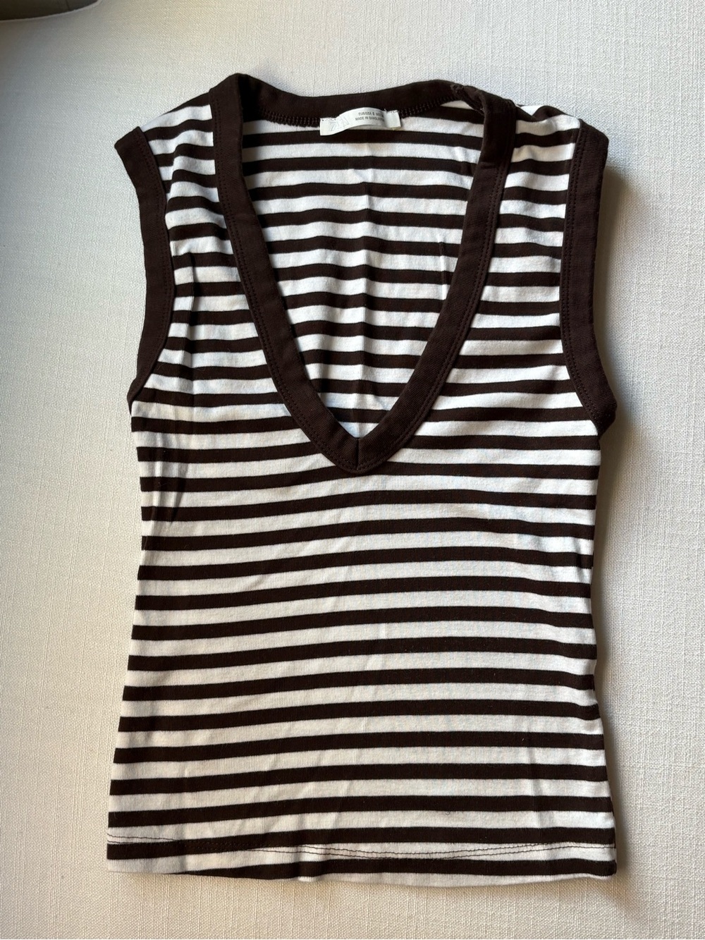 Zara Brown and White Striped V-Neck Tank Top